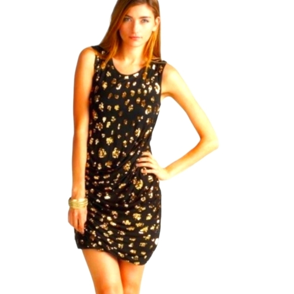 French Connection Sequin & Ruched Mini Dress Women Gold Sequins on Black Size 4 - Picture 1 of 12